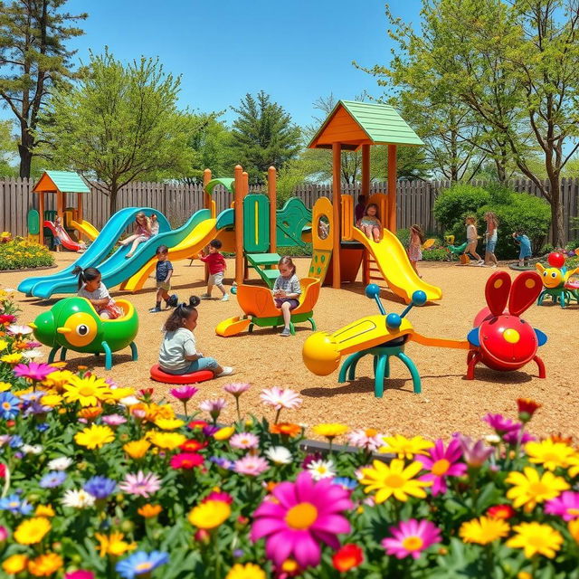 A vibrant children's playground filled with unique insect-shaped toys like sliding boards, see-saws, and swings, surrounded by colorful flowers in a bright, sunny garden