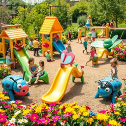A vibrant children's playground filled with unique insect-shaped toys like sliding boards, see-saws, and swings, surrounded by colorful flowers in a bright, sunny garden