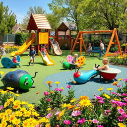 A vibrant children's playground filled with unique insect-shaped toys like sliding boards, see-saws, and swings, surrounded by colorful flowers in a bright, sunny garden