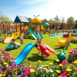 A vibrant children's playground filled with unique insect-shaped toys like sliding boards, see-saws, and swings, surrounded by colorful flowers in a bright, sunny garden
