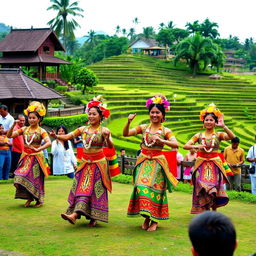 A vibrant Balinese tradition, showcasing intricate Tarian Suku Bali performance with dancers in colorful traditional attire, performing in a lush tropical environment