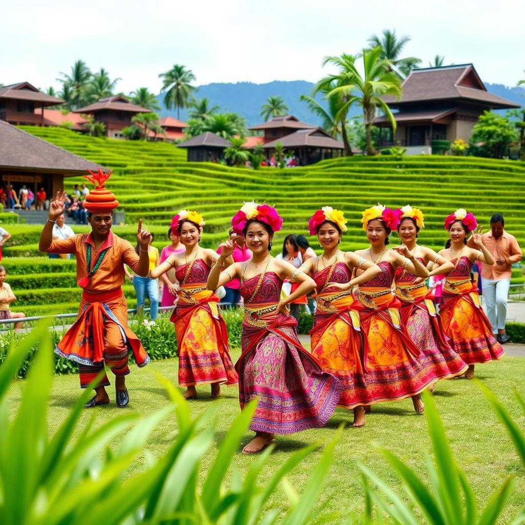 A vibrant Balinese tradition, showcasing intricate Tarian Suku Bali performance with dancers in colorful traditional attire, performing in a lush tropical environment