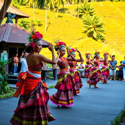 A vibrant Balinese tradition, showcasing intricate Tarian Suku Bali performance with dancers in colorful traditional attire, performing in a lush tropical environment