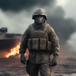 Generate a hyperrealistic, 4K HD image of a soldier standing defiantly in front of a tank, his uniform smeared with mud and dirt, against a backdrop of fire and rain, capturing the intense realities of war