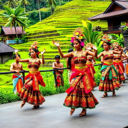 A vibrant Balinese tradition, showcasing intricate Tarian Suku Bali performance with dancers in colorful traditional attire, performing in a lush tropical environment
