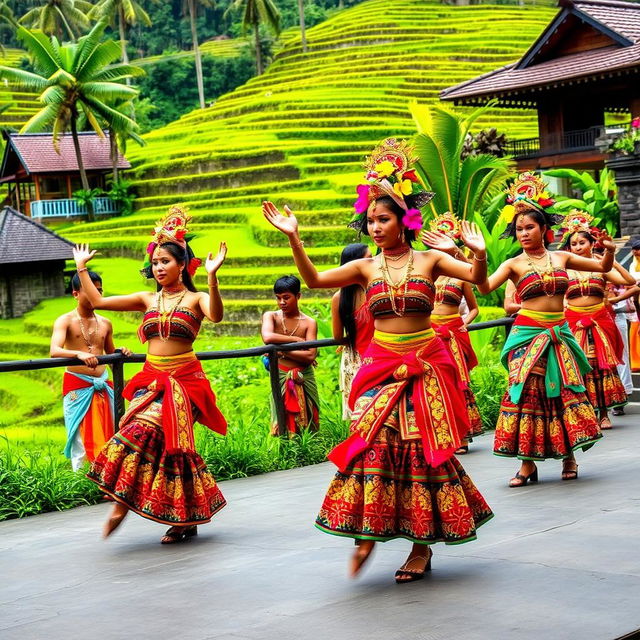 A vibrant Balinese tradition, showcasing intricate Tarian Suku Bali performance with dancers in colorful traditional attire, performing in a lush tropical environment