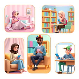 A whimsical Pixar-style scene depicting five university students, each in a unique location and engaged in texting on their phones
