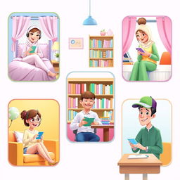 A whimsical Pixar-style scene depicting five university students, each in a unique location and engaged in texting on their phones