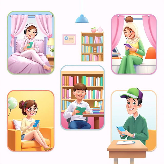 A whimsical Pixar-style scene depicting five university students, each in a unique location and engaged in texting on their phones
