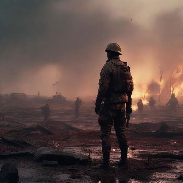 A high-quality, gritty digital art image of a lone soldier standing amidst fallen comrades