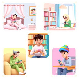 A whimsical Pixar-style scene depicting five university students, each in a unique location and engaged in texting on their phones