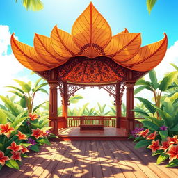 A beautifully detailed illustration of a pavilion in a tropical setting, designed with leaves shaped like elegant fans