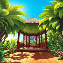 A beautifully detailed illustration of a pavilion in a tropical setting, designed with leaves shaped like elegant fans