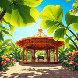 A beautifully detailed illustration of a pavilion in a tropical setting, designed with leaves shaped like elegant fans
