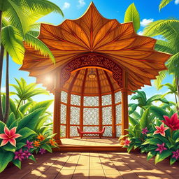 A beautifully detailed illustration of a pavilion in a tropical setting, designed with leaves shaped like elegant fans