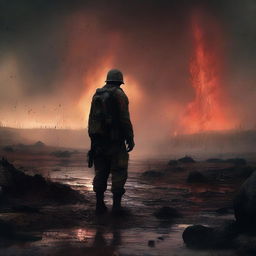 A high-quality, gritty digital art image of a lone soldier standing amidst fallen comrades