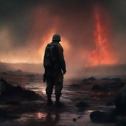 A high-quality, gritty digital art image of a lone soldier standing amidst fallen comrades