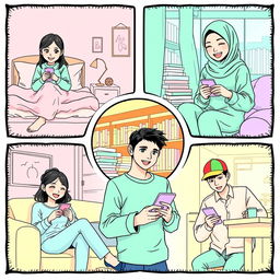 A vibrant manga-style scene illustrating five university students, each in a distinct setting, engaged in texting on their phones, all united by a pastel color theme