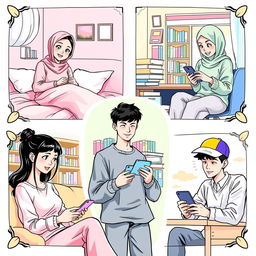 A vibrant manga-style scene illustrating five university students, each in a distinct setting, engaged in texting on their phones, all united by a pastel color theme