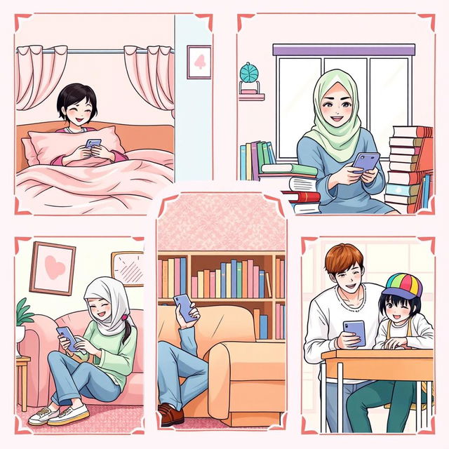 A vibrant manga-style scene illustrating five university students, each in a distinct setting, engaged in texting on their phones, all united by a pastel color theme