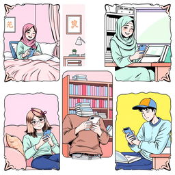 A vibrant manga-style scene illustrating five university students, each in a distinct setting, engaged in texting on their phones, all united by a pastel color theme