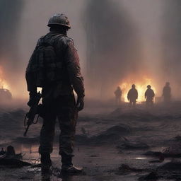 A high-quality, gritty digital art image of a lone soldier standing amidst fallen comrades