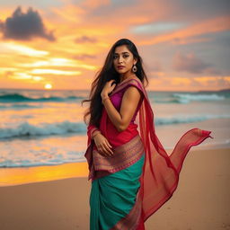 A stunning photoshoot of an Indian woman gracefully draped in a colorful saree while standing on a picturesque beach