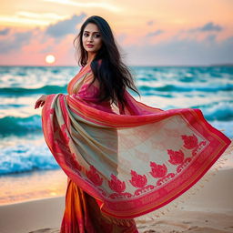 A stunning photoshoot of an Indian woman gracefully draped in a colorful saree while standing on a picturesque beach