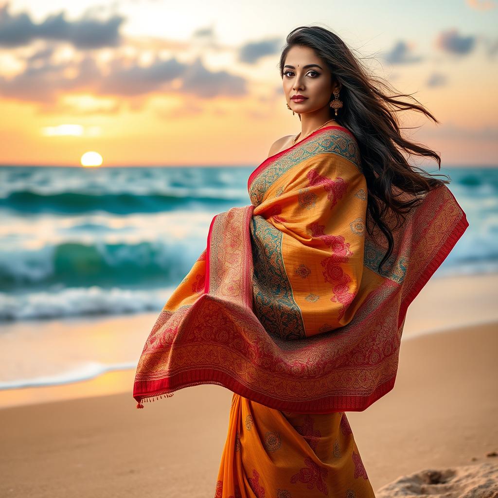 A stunning photoshoot of an Indian woman gracefully draped in a colorful saree while standing on a picturesque beach