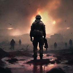 A high-quality, gritty digital art image of a lone soldier standing amidst fallen comrades