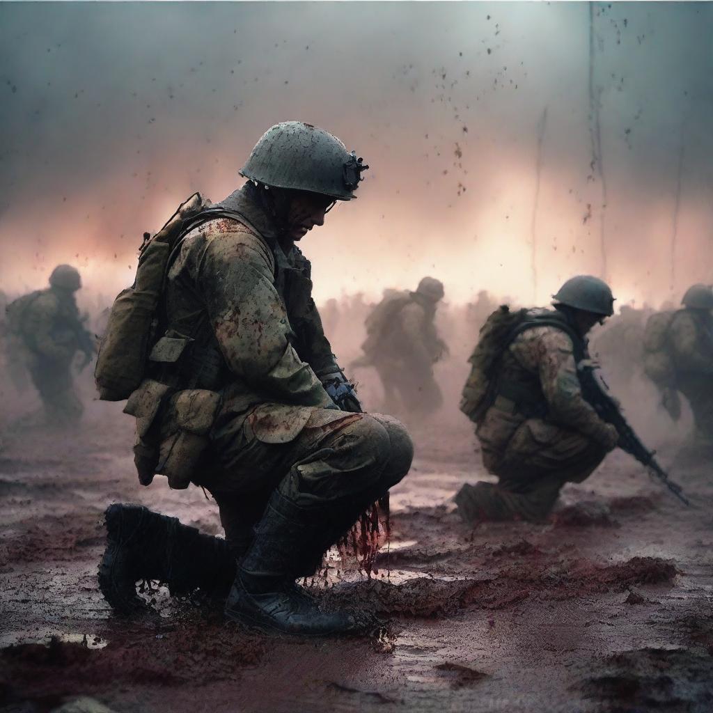 A high-quality, digital art image of a soldier kneeling in front of his fallen comrades