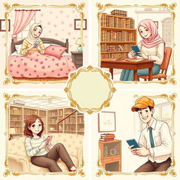 A delightful vintage-style scene depicting five university students, each in their own unique environments, busy texting on their phones