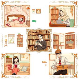 A delightful vintage-style scene depicting five university students, each in their own unique environments, busy texting on their phones