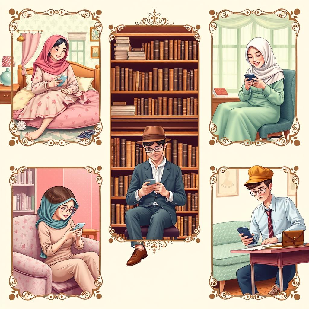 A delightful vintage-style scene depicting five university students, each in their own unique environments, busy texting on their phones