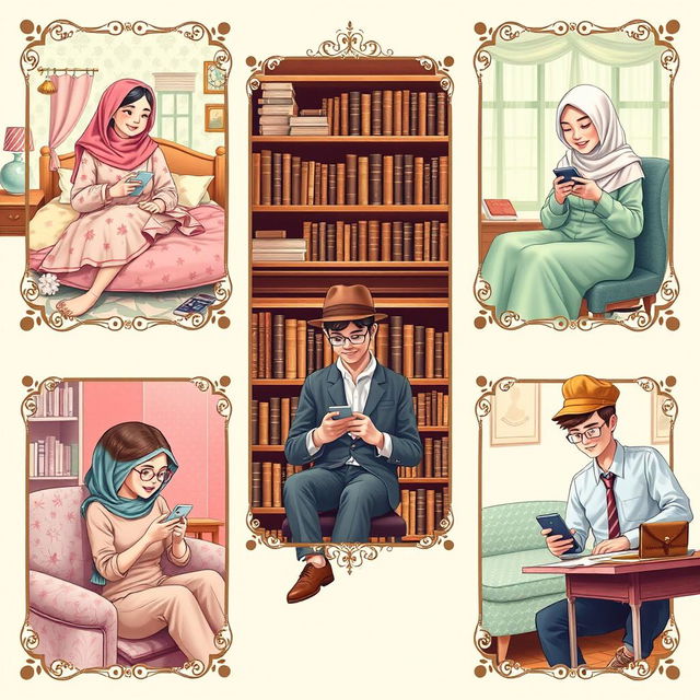 A delightful vintage-style scene depicting five university students, each in their own unique environments, busy texting on their phones