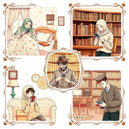 A delightful vintage-style scene depicting five university students, each in their own unique environments, busy texting on their phones