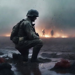 A high-quality, digital art image of a soldier kneeling in front of his fallen comrades