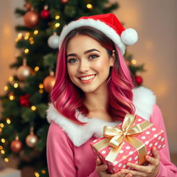 A beautiful young woman dressed in a playful pink Christmas costume, smiling brightly