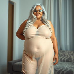 An enticing full-body view of a 60-year-old Indian plus-size woman, radiating confidence and sensuality