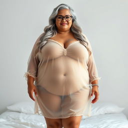 An enticing full-body view of a 60-year-old Indian plus-size woman, radiating confidence and sensuality