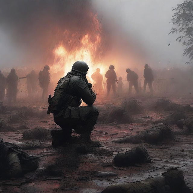 A high-quality, digital art image of a soldier kneeling in front of his fallen comrades