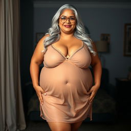 An enticing full-body view of a 60-year-old Indian plus-size woman, radiating confidence and sensuality