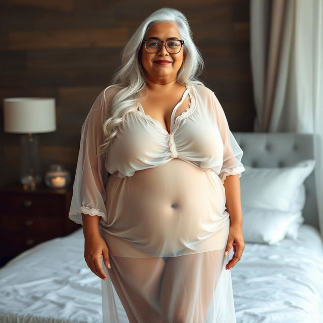 An enticing full-body view of a 60-year-old Indian plus-size woman, radiating confidence and sensuality