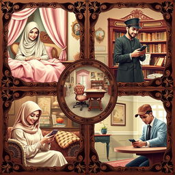 An enchanting Renaissance-style scene featuring five university students, each in their own distinct setting, engaged in texting on their phones