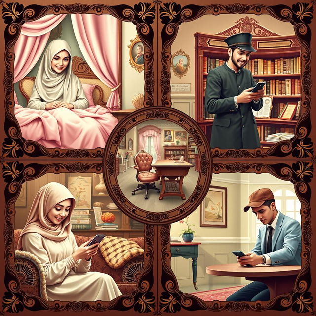 An enchanting Renaissance-style scene featuring five university students, each in their own distinct setting, engaged in texting on their phones