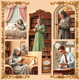An enchanting Renaissance-style scene featuring five university students, each in their own distinct setting, engaged in texting on their phones