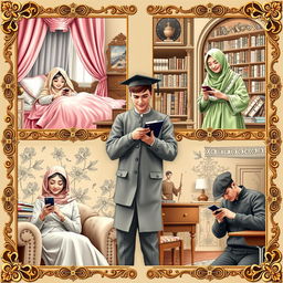 An enchanting Renaissance-style scene featuring five university students, each in their own distinct setting, engaged in texting on their phones
