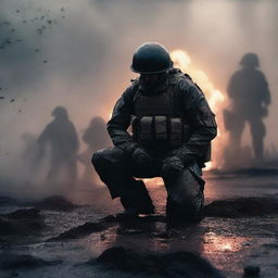 A high-quality, digital art image of a soldier kneeling in front of his fallen comrades