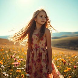 A beautiful girl with long flowing hair, wearing a stunning floral dress, standing in a sun-drenched meadow filled with wildflowers