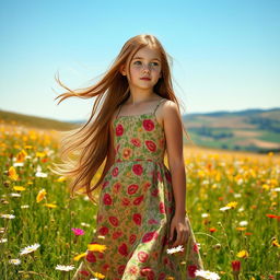A beautiful girl with long flowing hair, wearing a stunning floral dress, standing in a sun-drenched meadow filled with wildflowers